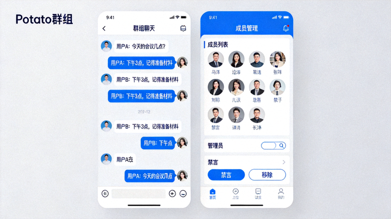 描绘多人在线社群，展示Potato群组聊天界面与成员列表的管理视图