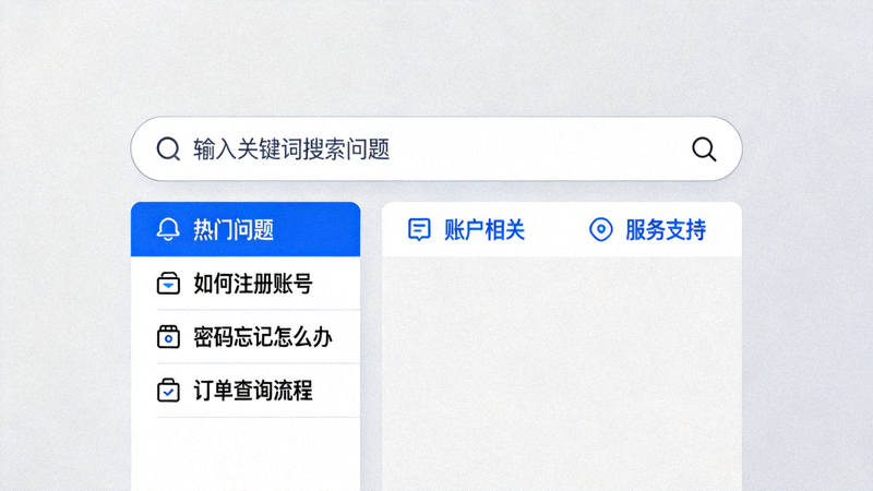 显示常见问题解答页面，包含搜索框和问题分类列表的示意图