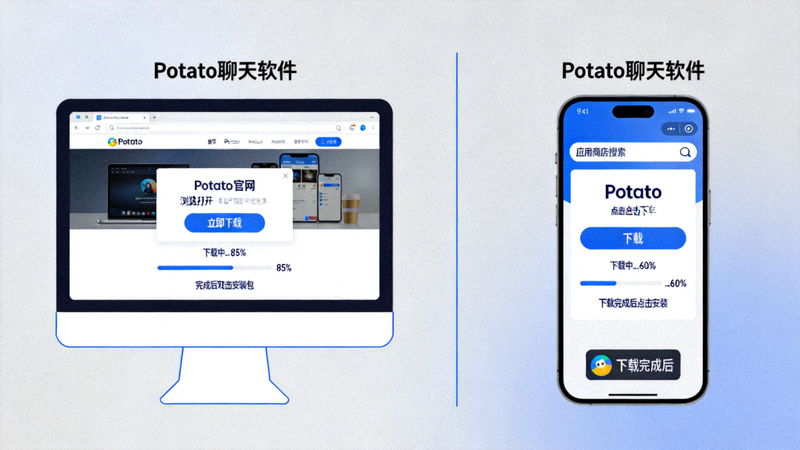 在电脑和手机屏幕上显示Potato聊天软件下载过程的示意图